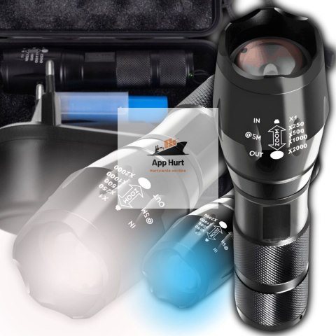 Latarka Taktyczna 2w1 LED + UV Survivalowa Zoom Wojskowa Akumulatorowa z Ładowarką