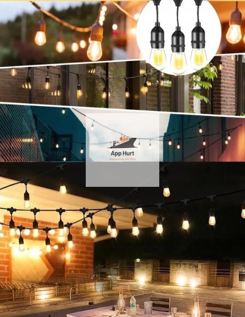 Girlanda Ogrodowa Zewnętrzna Świetlna 15 metrów + 15 Żarówek LED Lampki na Taras Ogród Balkon