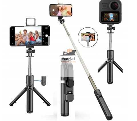 Kijek do Selfie Stick z Lampą LED Statyw Tripod + Pilot Bluetooth Kijek do Selfie Stick z Lampą LED Statyw Tripod + Pilot Bluetooth
