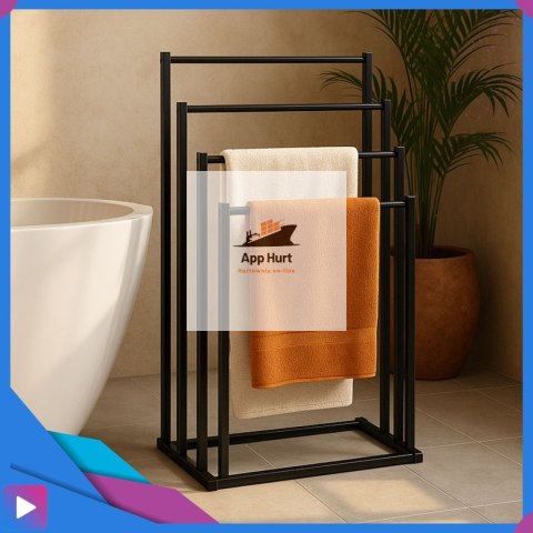 Wieszak na Ręczniki Stojący do Łazienki 4w1 Metalowy Czarny Wolnostojący Nowoczesny ASATO®